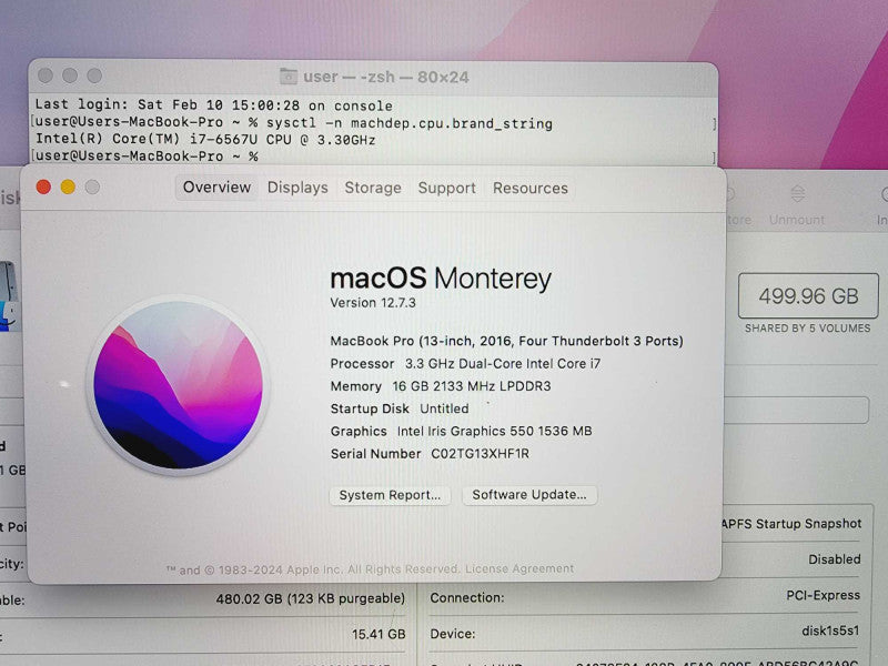 Apple Macbook Pro 2016 13\\" Core i7-6567U @ 3.3GHz 16GB DDR3 500GB SSD (