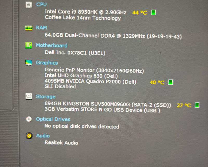 DELL PRECISION 5530 4K TOUCH i9-8950HK QUADRO P2000 4GB GPU 64GB 960 m.2 READ