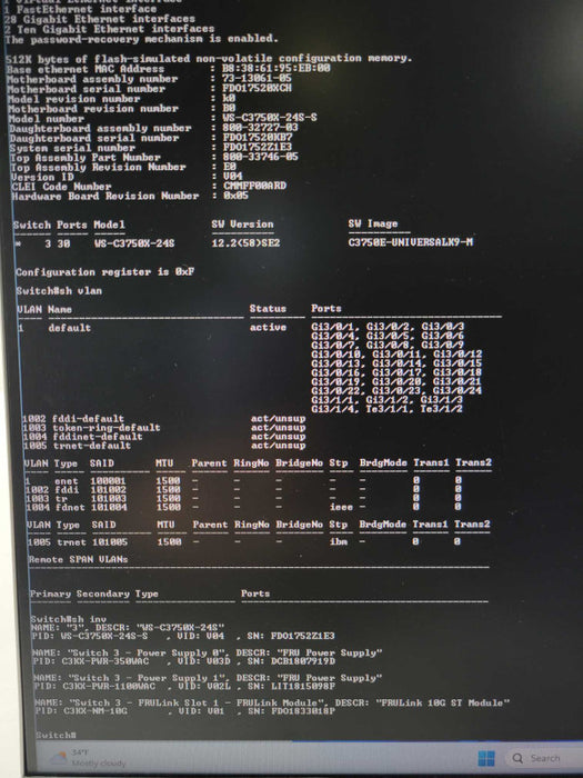 Cisco WS-C3750X-24S-S 24-Port GbE SFP ipbase w/ 2x PSU C3Kx-NM-10G Module SEE _