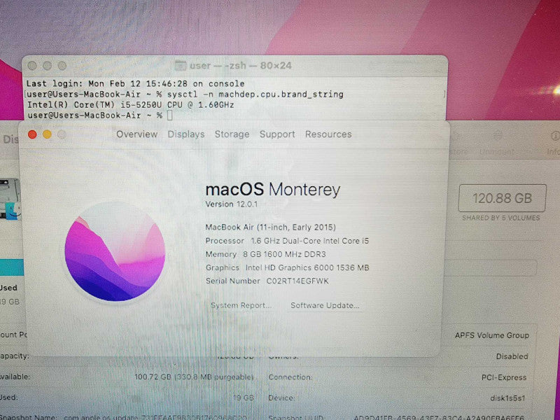 Apple Macbook Air 2015 11\\" Core i5-5250U @ 1.6GHz 8GB DDR3 120GB SSD (