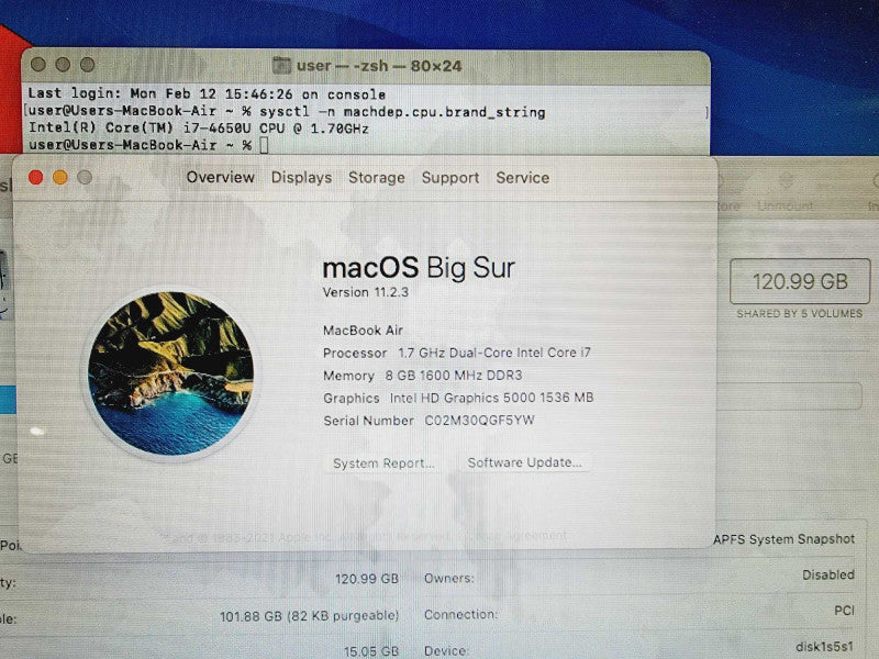 Apple Macbook Air 2013 11\\" Core i7-4650U @ 1.7GHz 8GB DDR3 120GB SSD (