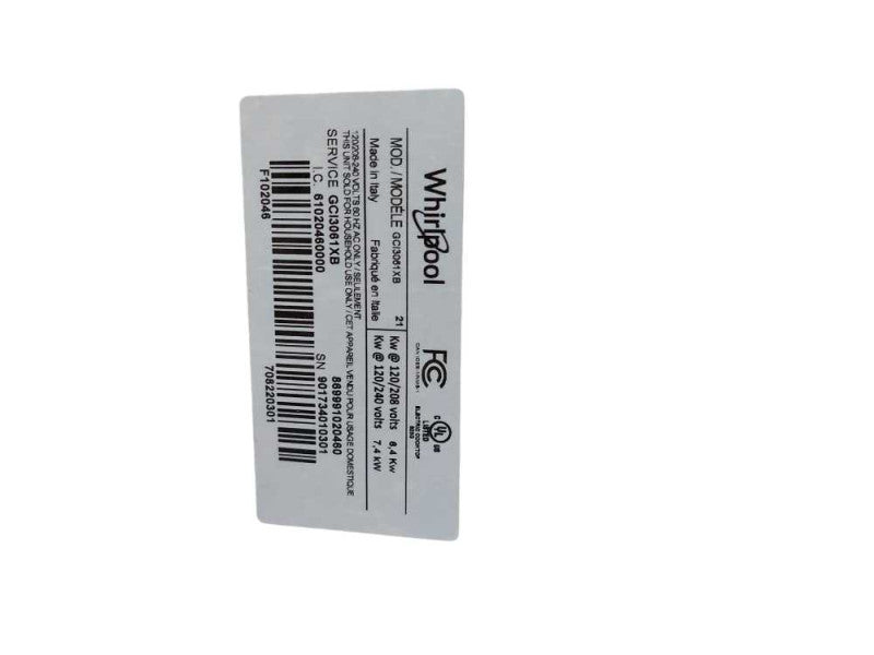Inset Flushmont Glass Cooktop Whirpool Gold Inductuion Burner Model:GCI3061XB =