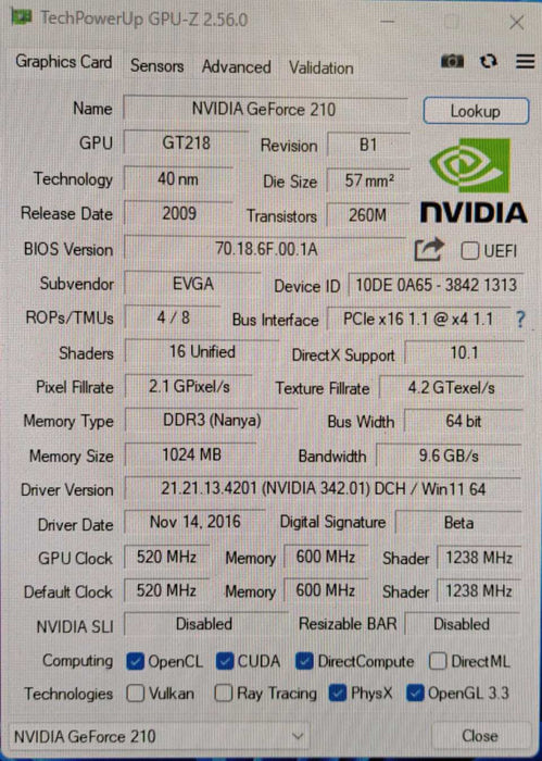 EVGA GeForce 210|  1GB DDR3 PCI-E VGA DVI HDMI Video Card | 01G-P3-1313-KR )