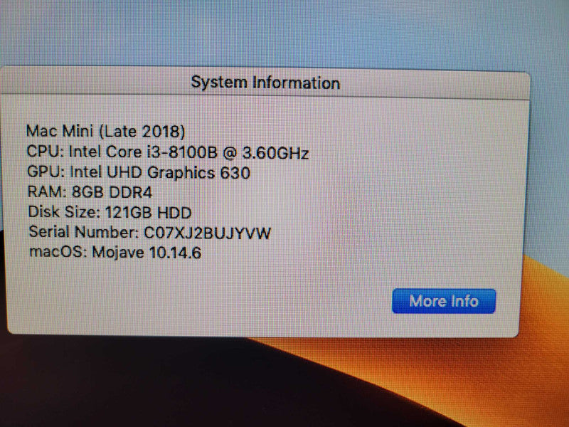 Mac Mini (Late 2018) Core i3-8100B | 8GB RAM | 128GB SSD Q%