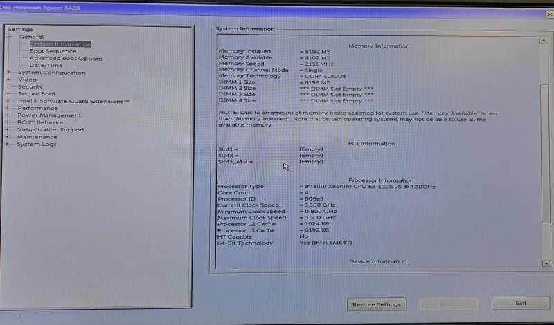 Dell Precision T3420 SFF | Xeon E3-1225 v5 @ 3.30GHz 8GB DDR4 No HDD/OS )
