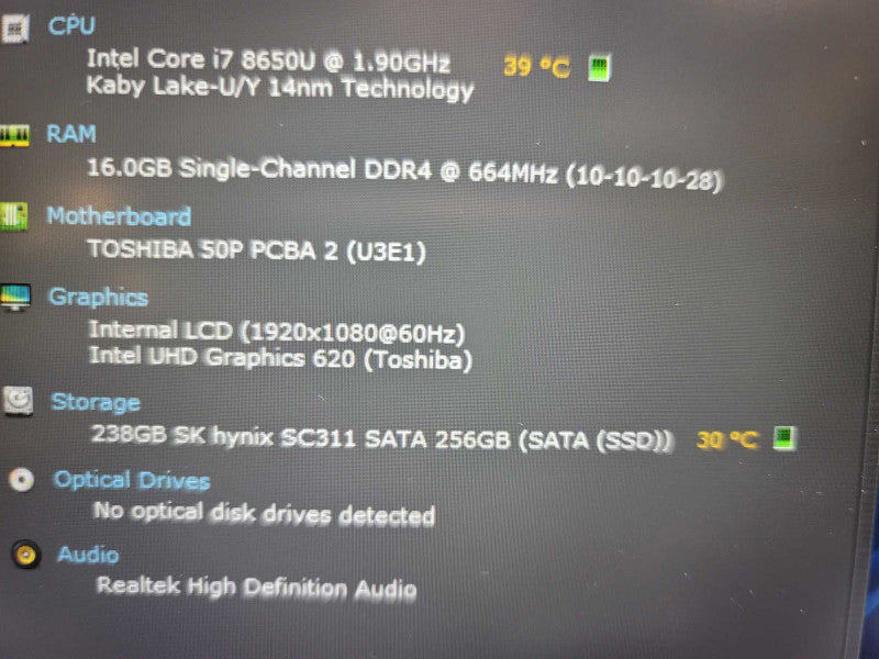 Toshiba Tecra A50-E| i7-8650U| 16GB DDR4| 256GB SSD |NO WEBCAM Î²