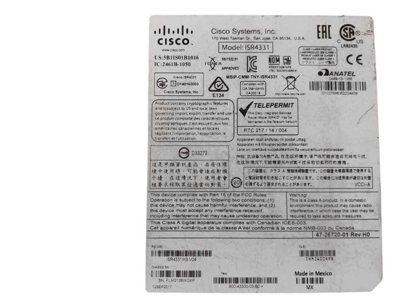 Cisco ISR4331/K9 V04 Enterprise Integrated Service Router, Not Affected