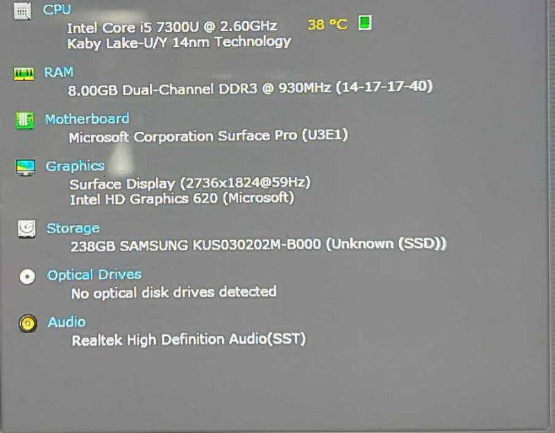Microsoft Surface Pro 1796, i5-7300U 2.6GHz, 8GB, 256GB SSD, w/ PWR