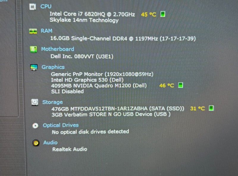 Dell Precision 5520 i7-6820HQ@2.7GH QUADRO M1200 4GB GPU 16GB RAM 512SSD READ