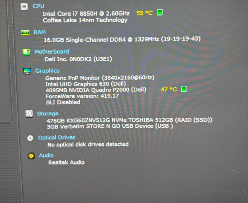 Dell Precision 5530 4K TOUCH i7-8850H QUADRO P2000 4GB GPU 16GB 512SSD READ! Q