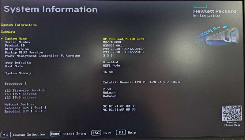 HP ML110 Gen9 Tower Server | Xeon E5-2620 v4 @ 2.10GHz 16GB DDR4 B140i )