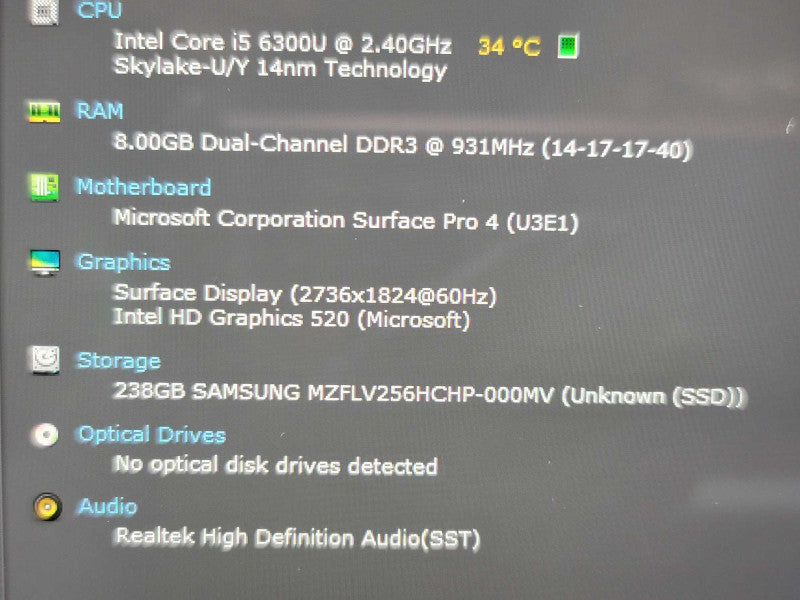 Microsoft Surface Pro 4| i5-6300U| 8GB DDR3| 256GB SSD QÎ²