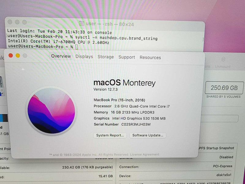 Apple Macbook Pro 2016 15\\" Core i7-6700HQ @ 2.6GHz 16GB DDR3 250GB SSD Radeon Pro 450 2GB [Read] (