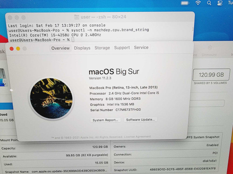 Apple Macbook Pro 2013 13\\" Core i5-4258U @ 2.4GHz 8GB DDR3 120GB SSD (