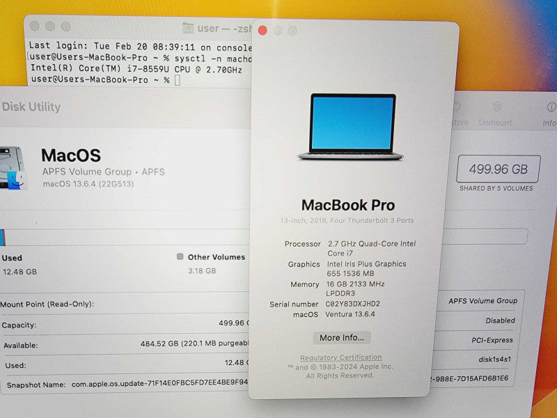 Apple Macbook Pro 2018 13\\" Core i7-8559U @ 2.7GHz 16GB DDR3 500GB SSD (
