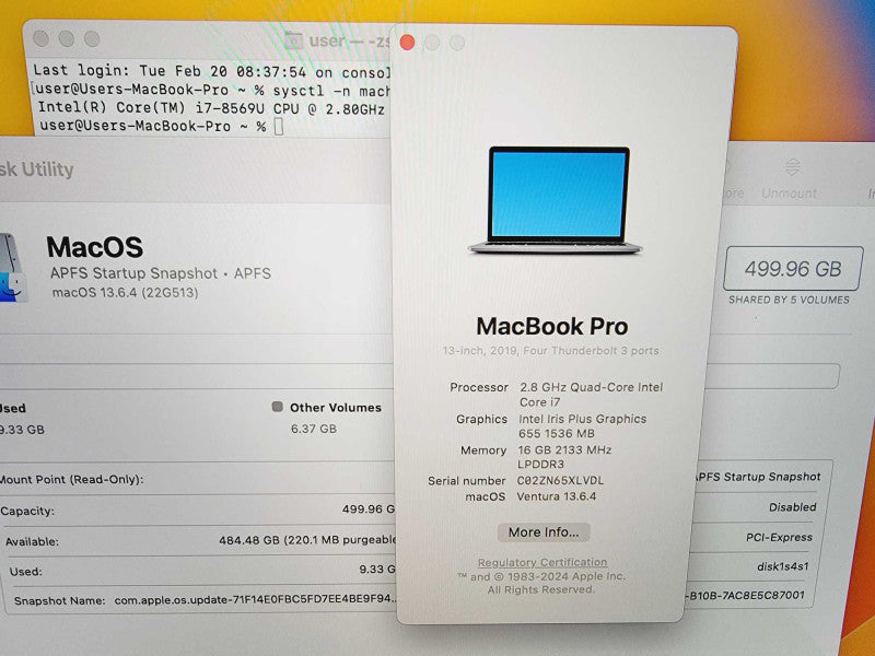 Apple Macbook Pro 2019 13\\" Core i7-8569U @ 2.8GHz 16GB DDR3 500GB SSD (