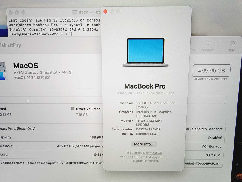 Apple Macbook Pro 2018 13\\" Core i5-8259U @ 2.3GHz 16GB DDR3 500GB SSD (