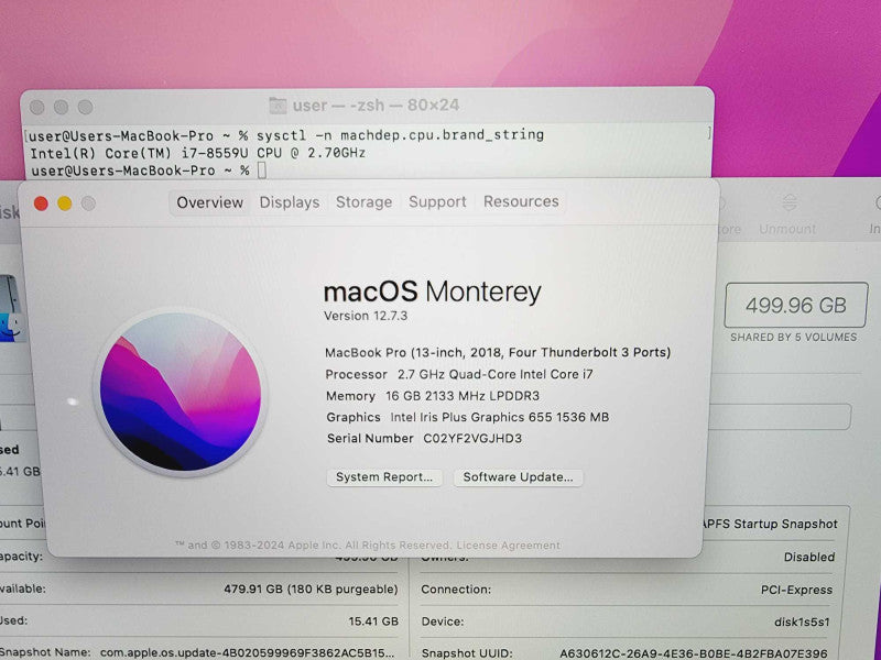 Apple Macbook Pro 2018 13\\" Core i7-8559U @ 2.7GHz 16GB DDR3 500GB SSD (
