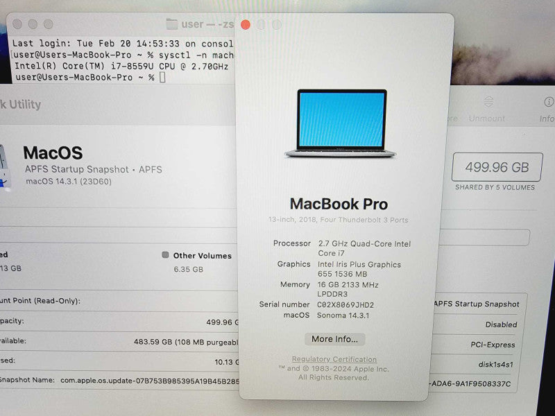 Apple Macbook Pro 2018 13\\" Core i7-8559U @ 2.7GHz 16GB DDR3 500GB SSD (