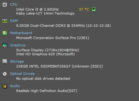 Microsoft Surface Pro 5 (1807), i5-7300U 2.60GHz, 8GB Ram, 256GB SSD