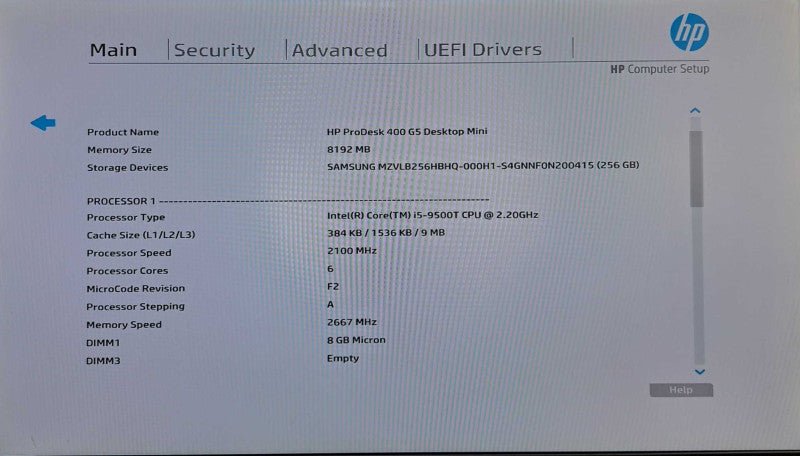 HP ProDesk 400 G5 USFF | i5-9500T @ 2.20GHz 8GB DDR4 256GB NVMe + PWR )