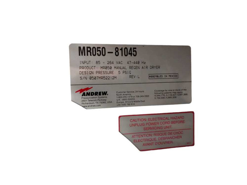 Andrew MR050-81045 Manual Regen Air Dryer High Pressure Desiccant Dehydrator  =