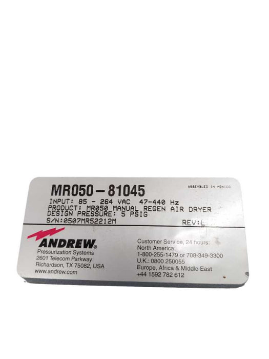 Andrew MR050-81045 Manual Regen Air Dryer High Pressure Desiccant Dehydrator  =