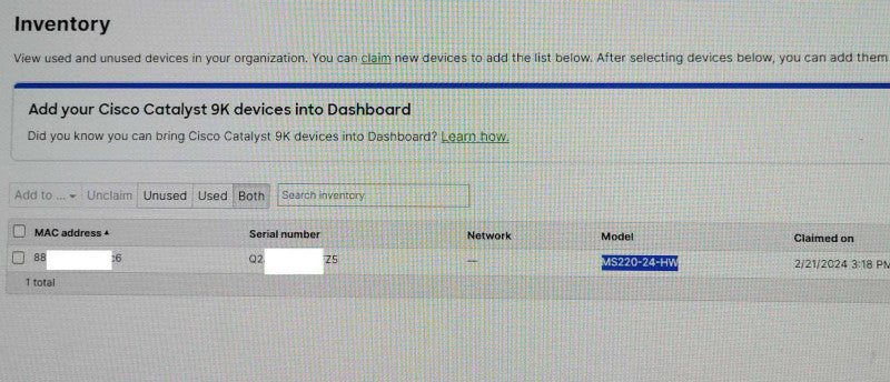 Cisco Meraki MS220-24-HW Cloud Managed Switch, Unclaimed _