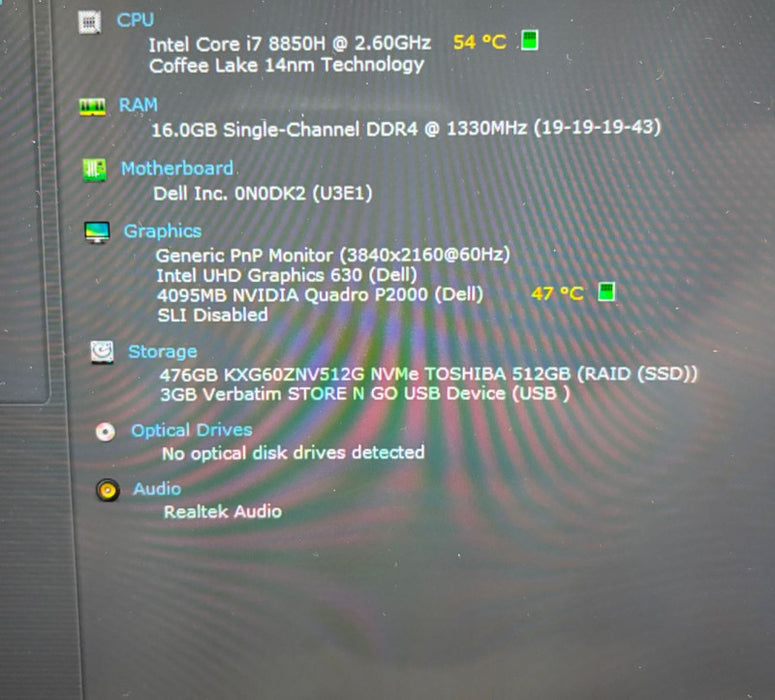 Dell Precision 5530 4K TOUCH i7-8850H@2.6GHz QUADRO P2000 4GB GPU 16GB 512SSD