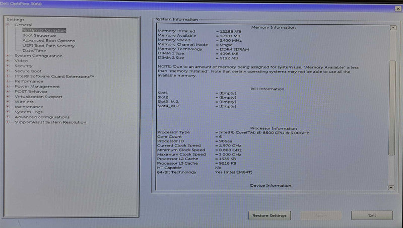 Dell OptiPlex 3060 SFF Desktop | i5-8500 @ 3.00GHz 12GB DDR4 No HDD/OS )