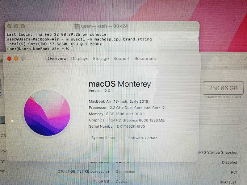 Apple Macbook Air 2015 13\\" Core i7-5650U @ 2.2GHz 8GB DDR3 250GB SSD (