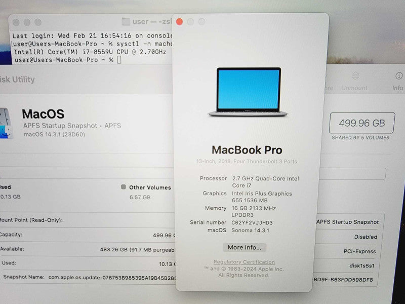 Apple Macbook Pro 2018 13\\" Core i7-8559U @ 2.7GHz 16GB DDR3 500GB SSD (