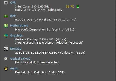 Microsoft Surface Pro 5 (1807), i5-7300U 2.60GHz, 8GB Ram, 256GB SSD