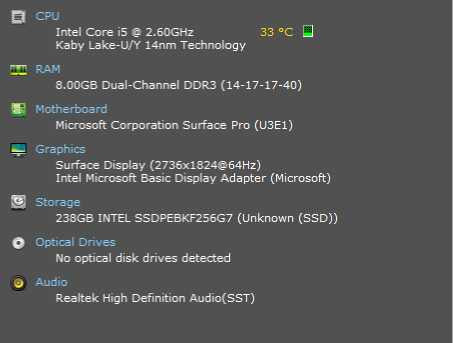 Microsoft Surface Pro 5 (1807), i5-7300U 2.60GHz, 8GB Ram, 256GB SSD, READ