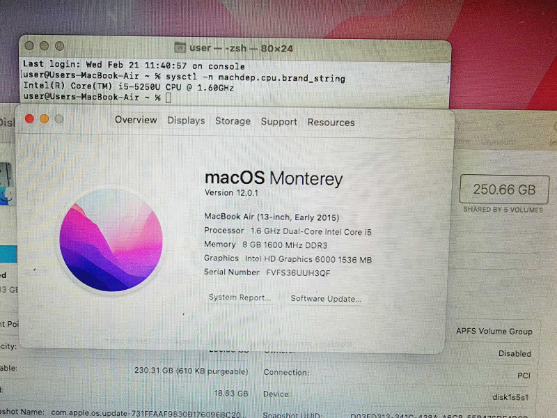 Apple Macbook Air 2015 13\\" Core i5-5250U @ 1.6GHz 8GB DDR3 250GB SSD (