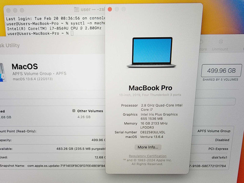 Apple Macbook Pro 2019 13\\" Core i7-8569U @ 2.8GHz 16GB DDR3 500GB SSD (