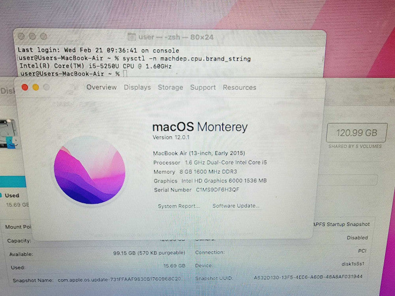 Apple Macbook Air 2015 13\\" Core i5-5250U @ 1.6GHz 8GB DDR3 120GB SSD [Read] (