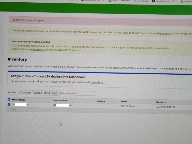 Cisco Meraki MS220-8P Cloud Managed Switch 8-Port Gigabit Unclaimed  _