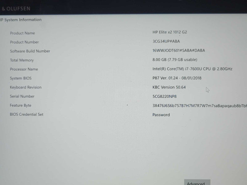 HP ELITE X2 1012  G2 TABLET  CORE i7-7600U 2.80GHz CPU 8GB RAM  256GB SEE _