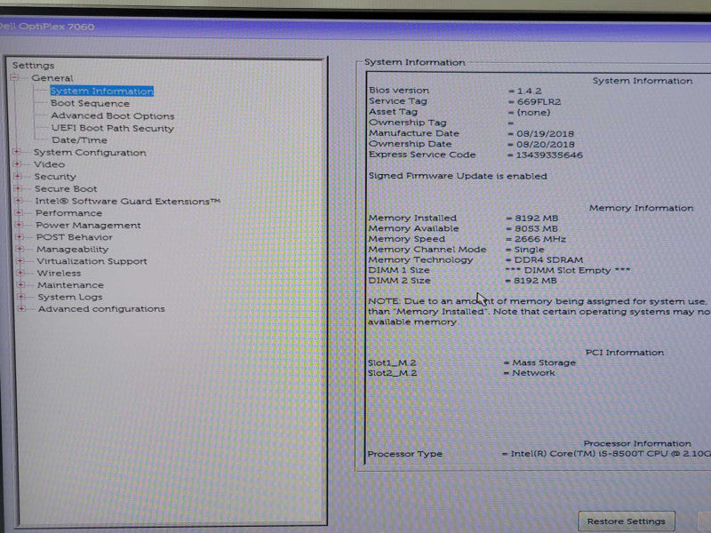 Dell OptiPlex 7060 Core I5-8500T 2.1GHz 8GB RAM 256GB SSD + PWR ADPTR, SEE _
