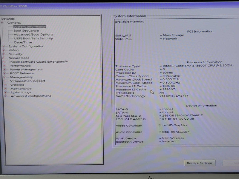 Dell OptiPlex 7060 Core I5-8500T 2.1GHz 8GB RAM 256GB SSD + PWR ADPTR, SEE _