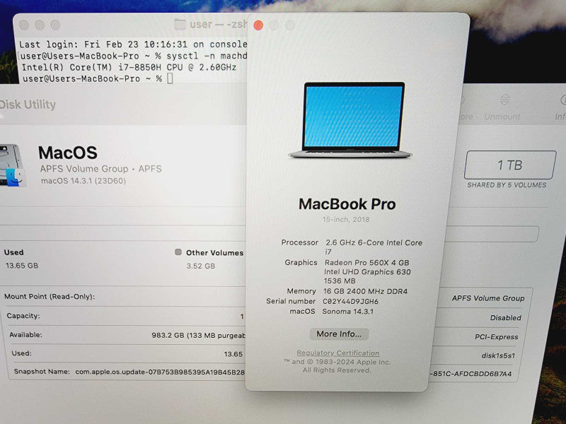 Apple Macbook Pro 2018 15\\" Core i7-8850H @ 2.6GHz 16GB DDR4 1TB SSD Radeon Pro 560x 4GB (