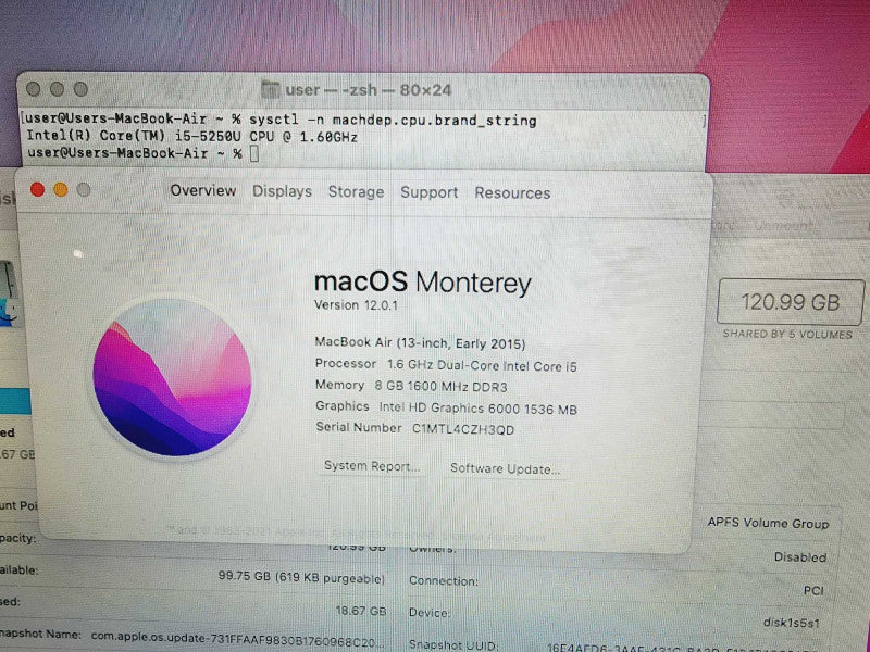 Apple Macbook Air 2015 13\\" Core i5-5250U @ 1.6GHz 8GB DDR3 120GB SSD (