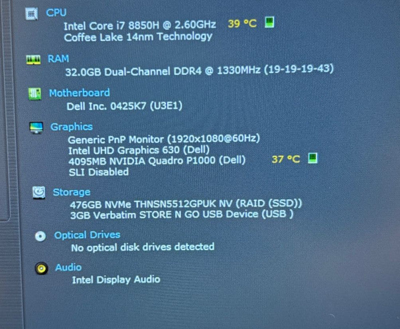 Dell Precision 7530 i7-8850H@2.6GHz QUADRO P1000 4GB GPU 32GB 512SSD READ