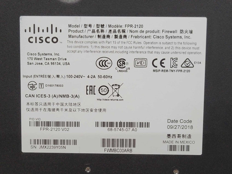Cisco FPR-2110 Firewall Security Appliance w/ FPR2K-SSD100 _