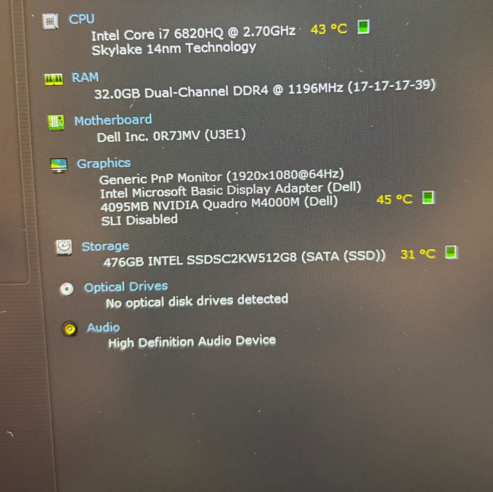 Dell Precision 7710 i7-6820HQ@2.7GHz QUADRO M4000M 4GB GPU 32GB 512SSD READ!