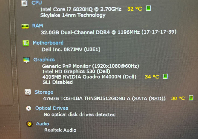 Dell Precision 7710 i7-6820HQ@2.7GH QUADRO M4000M 4GB GPU 32GB 512SSD READ!