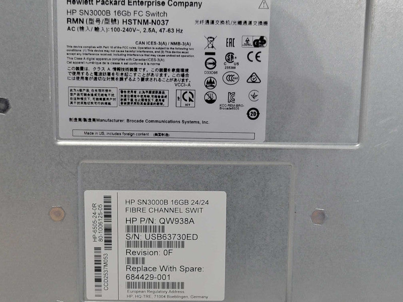 HP QW938A 684429-001 SN3000B 24/24 16GB HP-6505-24-0R 2x PSU  FC Switch Q_