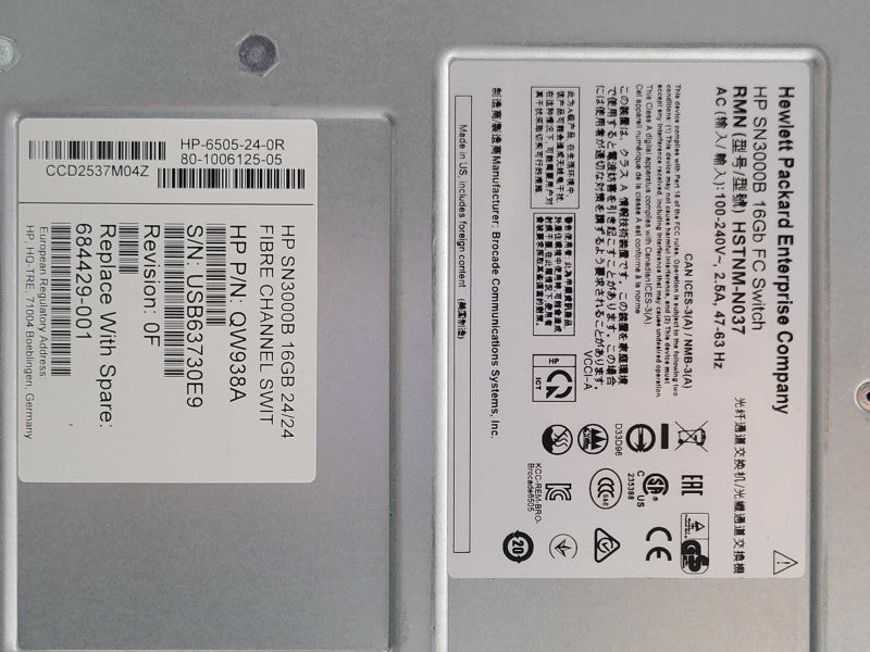 HP QW938A 684429-001 SN3000B 24/24 16GB HP-6505-24-0R 2x PSU  FC Switch Q_