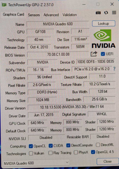 NVIDIA Quadro 600 1GB DDR3 Graphics Card | DVI DP | High Profile )